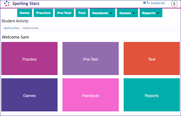 Spelling Stars Student Home Page View