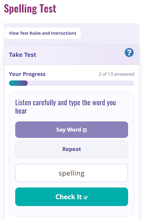 Student spelling test screen (placeholder)